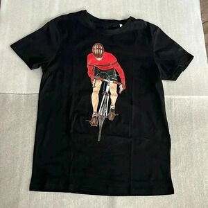 [M]White Roads  100 Organic Cotton Black S/S T Shirt with Cyclist Print- Italy